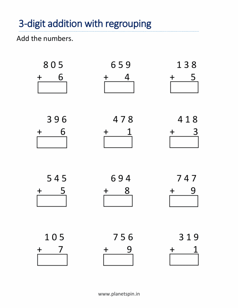 Adding 3 digits with regrouping worksheets for grade 2