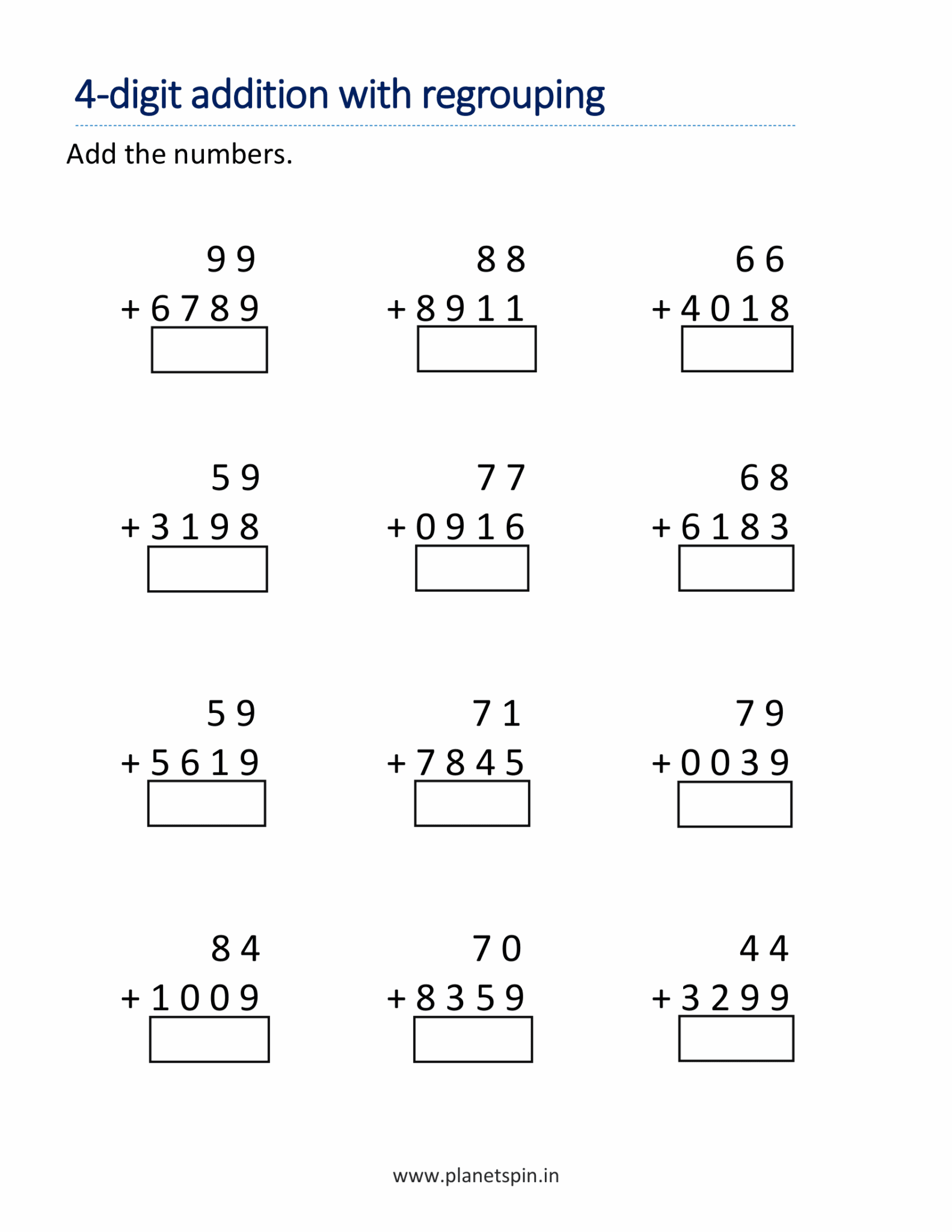 Adding 4 digits with regrouping worksheet for grade 2