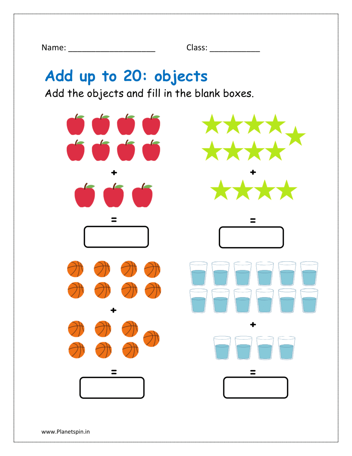 Add up to 20 worksheet for kindergarten | Planetspin.in