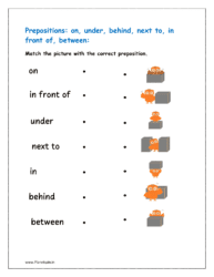 Match the picture with the correct preposition given in the worksheet for class 1