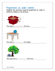 Complete the sentences using the preposition on, under or behind by looking at the pictures