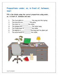 Fill in the blanks using the correct prepositions using under, on, in front of, between and near given in the worksheet for class 1
