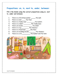 Fill in the blanks using the correct prepositions using on, next to, under and between given in the worksheet for class 1