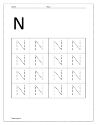 Trace uppercase letter N on dotted lines (Uppercase letter tracing worksheets pdf)