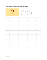 Trace number 2. Count and color the circles