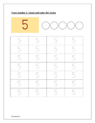 Trace number 5. Count and color the circles