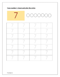 Trace number 7. Count and color the circles