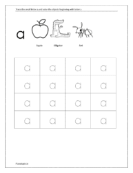 download worksheets for tracing small letters a and coloring the objects 