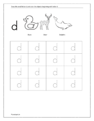 download worksheet to trace lowercase letters d and coloring the objects 