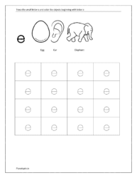 tracing lowercase letters e and coloring the objects 