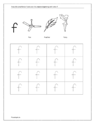 download worksheet to trace lowercase letters f and coloring the objects 