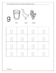 tracing lowercase letters g and coloring the objects 