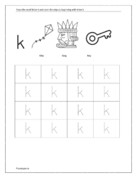 Trace small letter k and color the objects beginning with the letter k