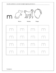Trace small letter m and color the objects beginning with the letter m