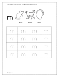 Trace small letter m and color the objects beginning with the letter m (Trace a b c to z worksheets)