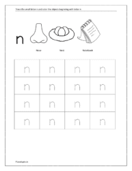 Trace small letter n and color the objects beginning with the letter n