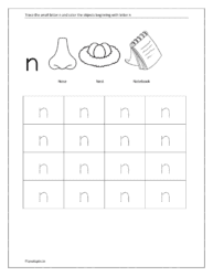 Trace small letter n and color the objects beginning with the letter n (Trace a b c to z worksheets)