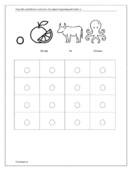 tracing lowercase letters o and coloring the objects 