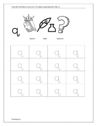 Trace small letter q and color the objects beginning with the letter q (Trace a b c to z worksheets)