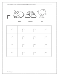 Trace small letter r and color the objects beginning with the letter r