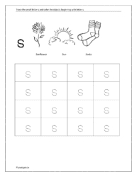 tracing lowercase letters s and coloring the objects 