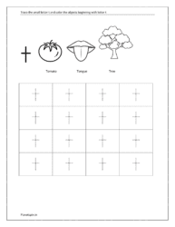 Trace small letter t and color the objects beginning with the letter t