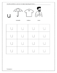 Trace small letter u and color the objects beginning with the letter u