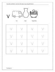 Trace small letter v and color the objects beginning with the letter v