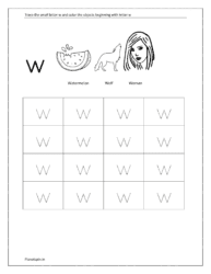 Trace small letter w and color the objects beginning with the letter w