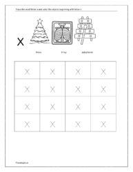 Trace small letter x and color the objects beginning with the letter x