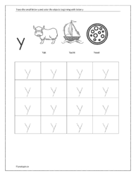 Tracing lowercase letter y and color the objects beginning with the letter y