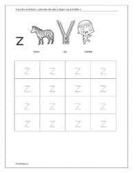 Trace small letter z and color the objects beginning with the letter z (Trace a to z worksheets)