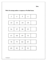 Blank boxes: Write the missing numbers in sequence in the blank boxes