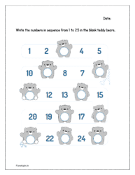 Teddy bears: Write the numbers in sequence from 1 to 25 in the blank teddy bears