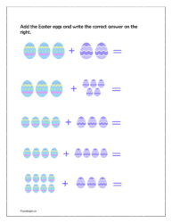 Add the Easter eggs and write the correct answer on the right in the worksheet (addition worksheets)