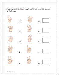 Add the numbers shown on the hands and write the answers in the boxes