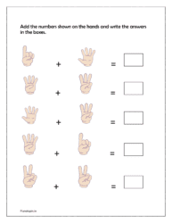 Add the numbers shown on the hands and write the answers in the boxes (addition worksheets)