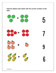 Add the objects and match with the correct number on the right in the worksheet (addition worksheets)