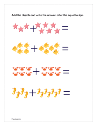 Add the objects and write the answers after the equal to sign (addition worksheets)