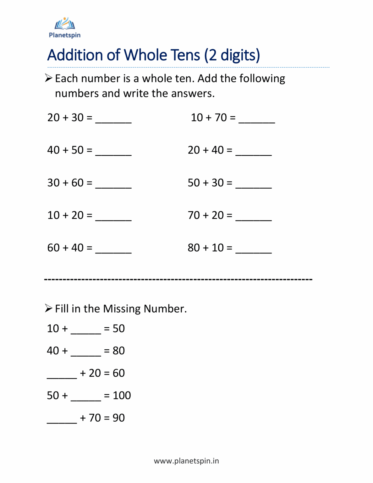 Image showcasing Adding whole tens worksheet for grade 2 | Planetspin.in