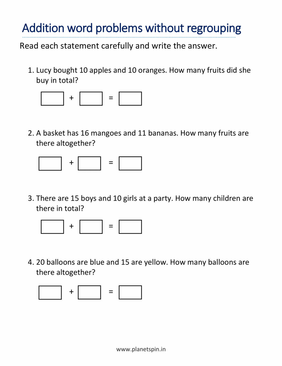 Addition word problem worksheets for grade 2 | Planetspin.in