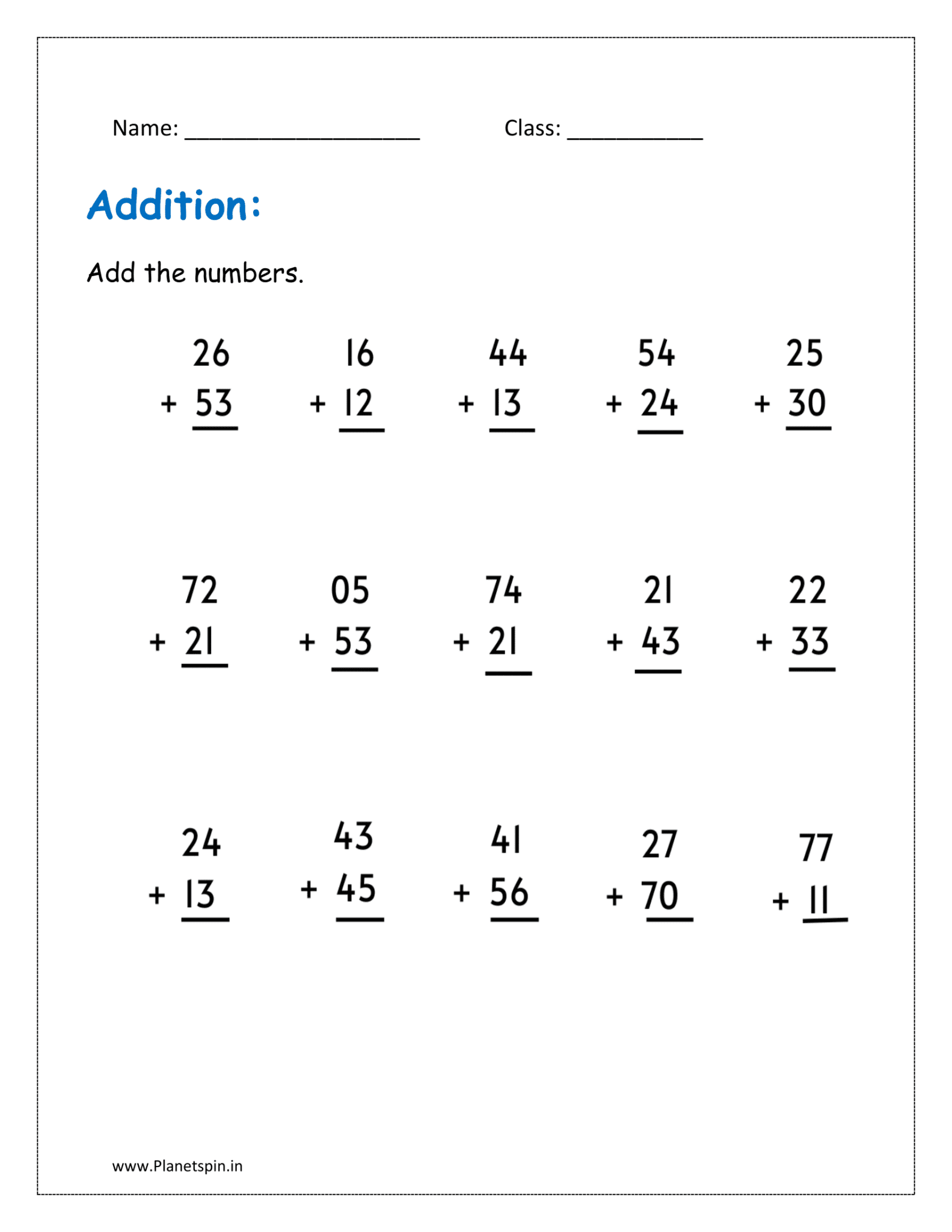Addition without regrouping worksheets for grade 1