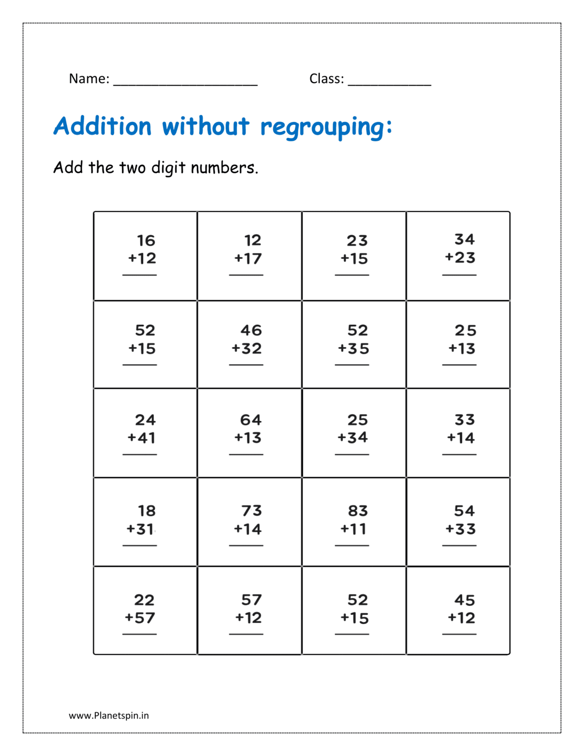 Addition without regrouping worksheets for grade 1