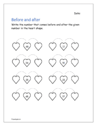 Before and after: Write the number that comes before and after the given number in the heart shape