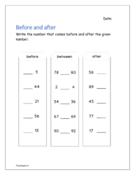 Before after and between: Write the number that comes before and after the given number (Backward counting worksheet for kindergarten)