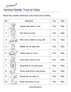 Animals needs true false worksheet for grade 1