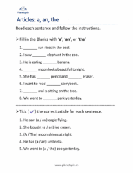 Articles a an the worksheet