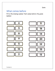 What comes before: Fill in the missing number that comes before the given number (Backward counting worksheet for kindergarten)