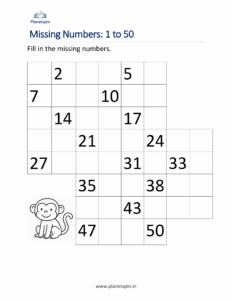 Free printable Missing Numbers Worksheet 1 to 50 PDF