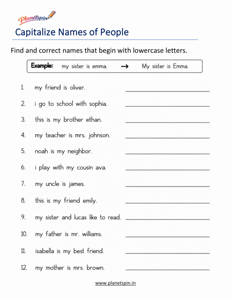 Capitalization worksheets for Grade 1